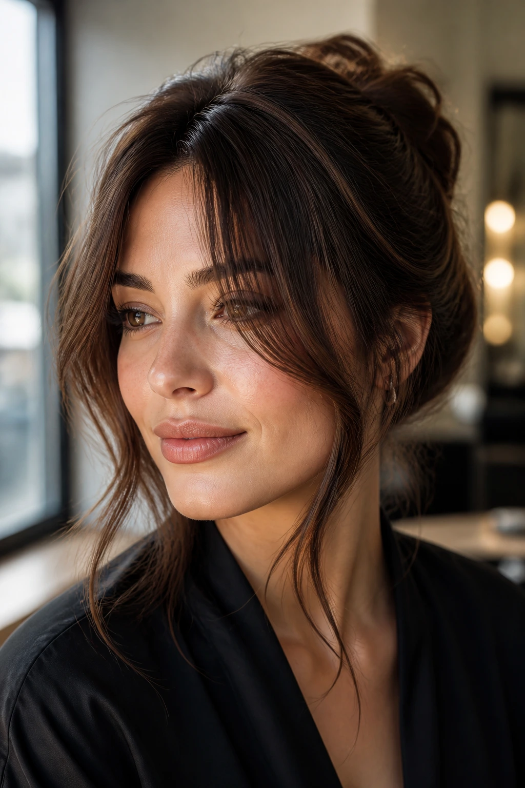 Close-up portrait of a real woman with face-framing curtain bangs and an updo