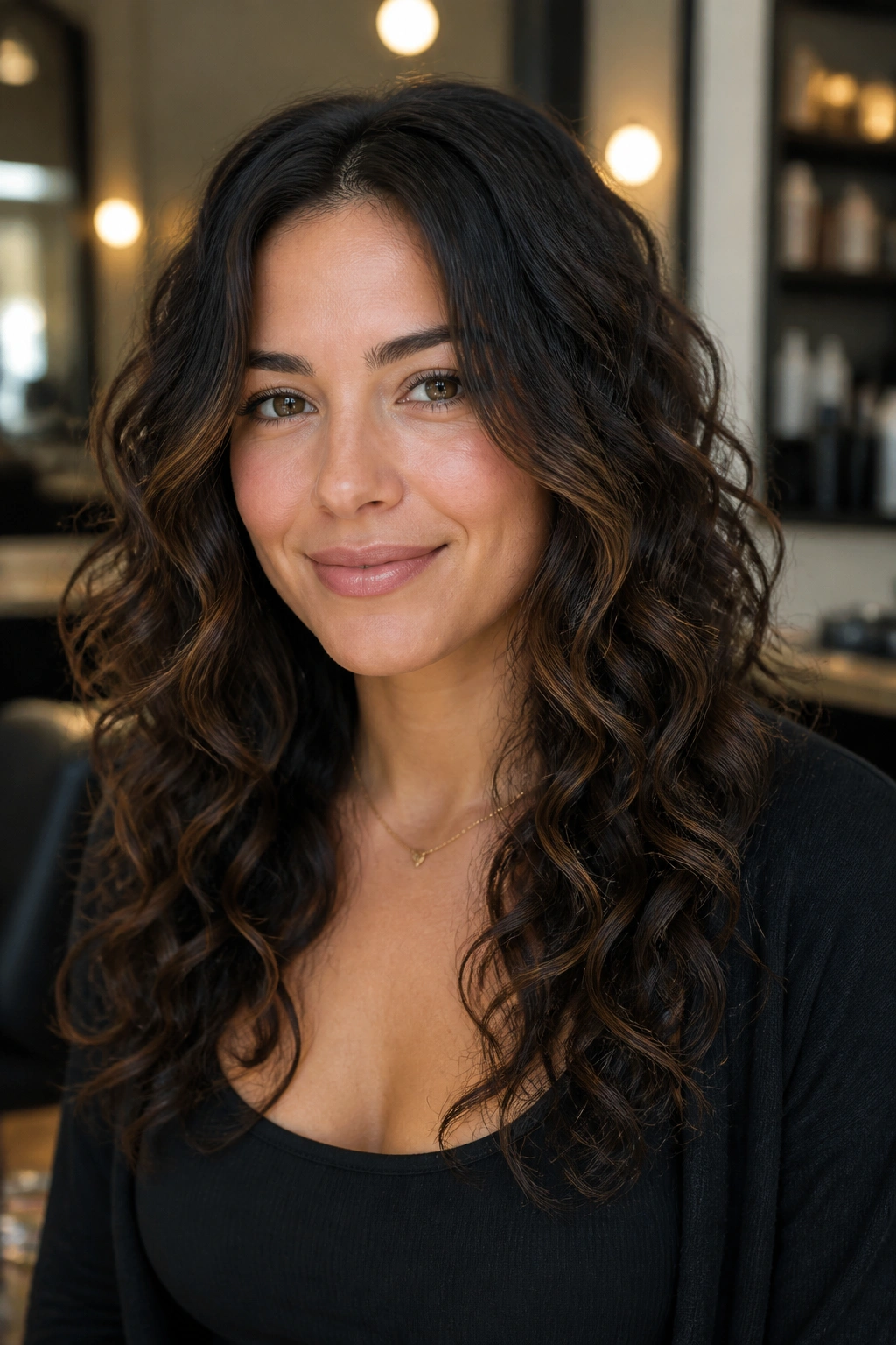 Portrait of woman with below-cheekbone face-framing layers in curly hair
