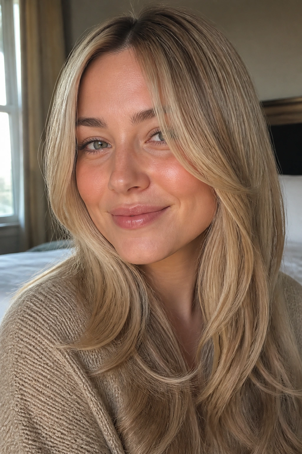Close-up portrait of a woman with face-framing layers starting below the chin