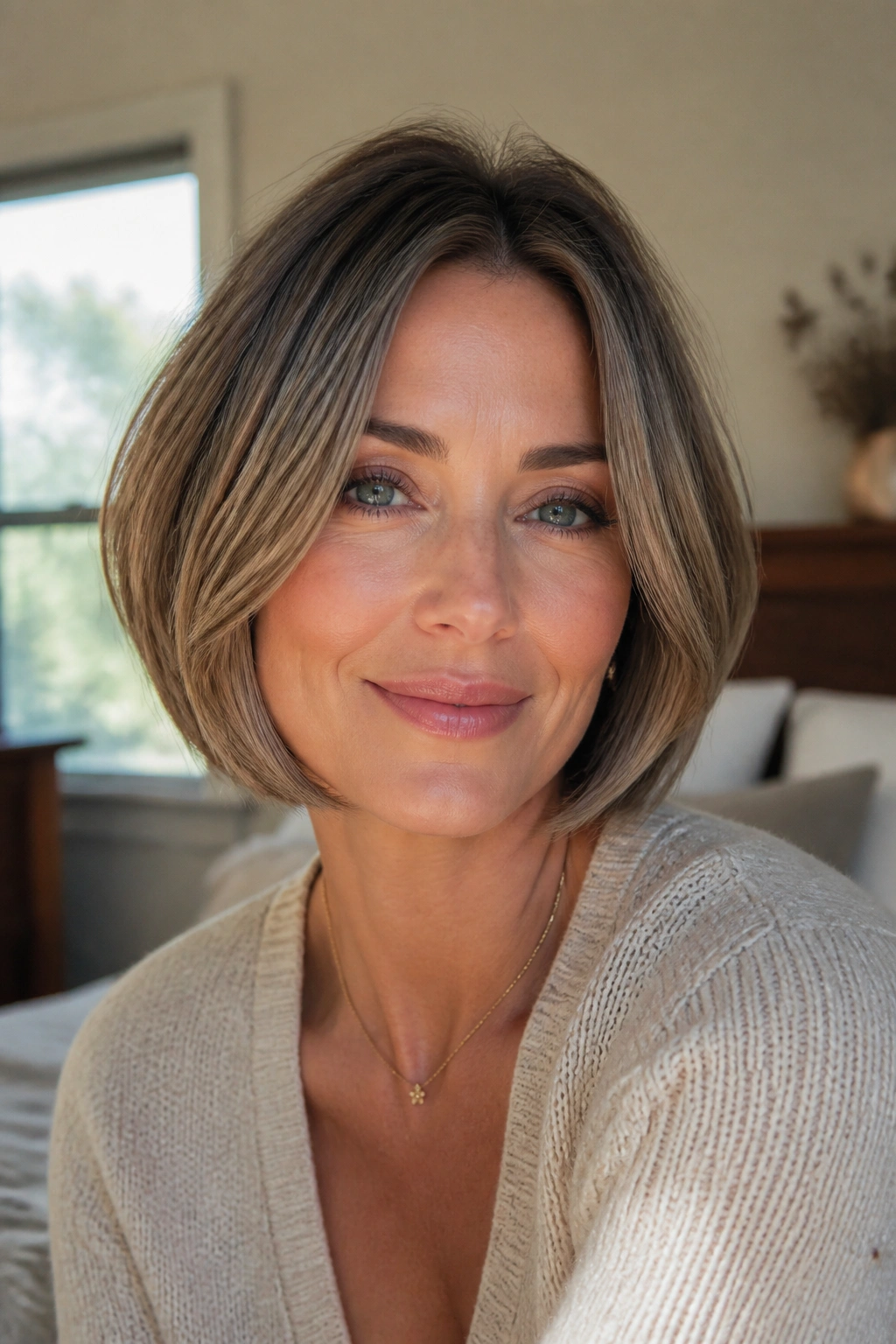 Close-up portrait of a real woman with a face-framing rounded bob and cheekbone pieces.