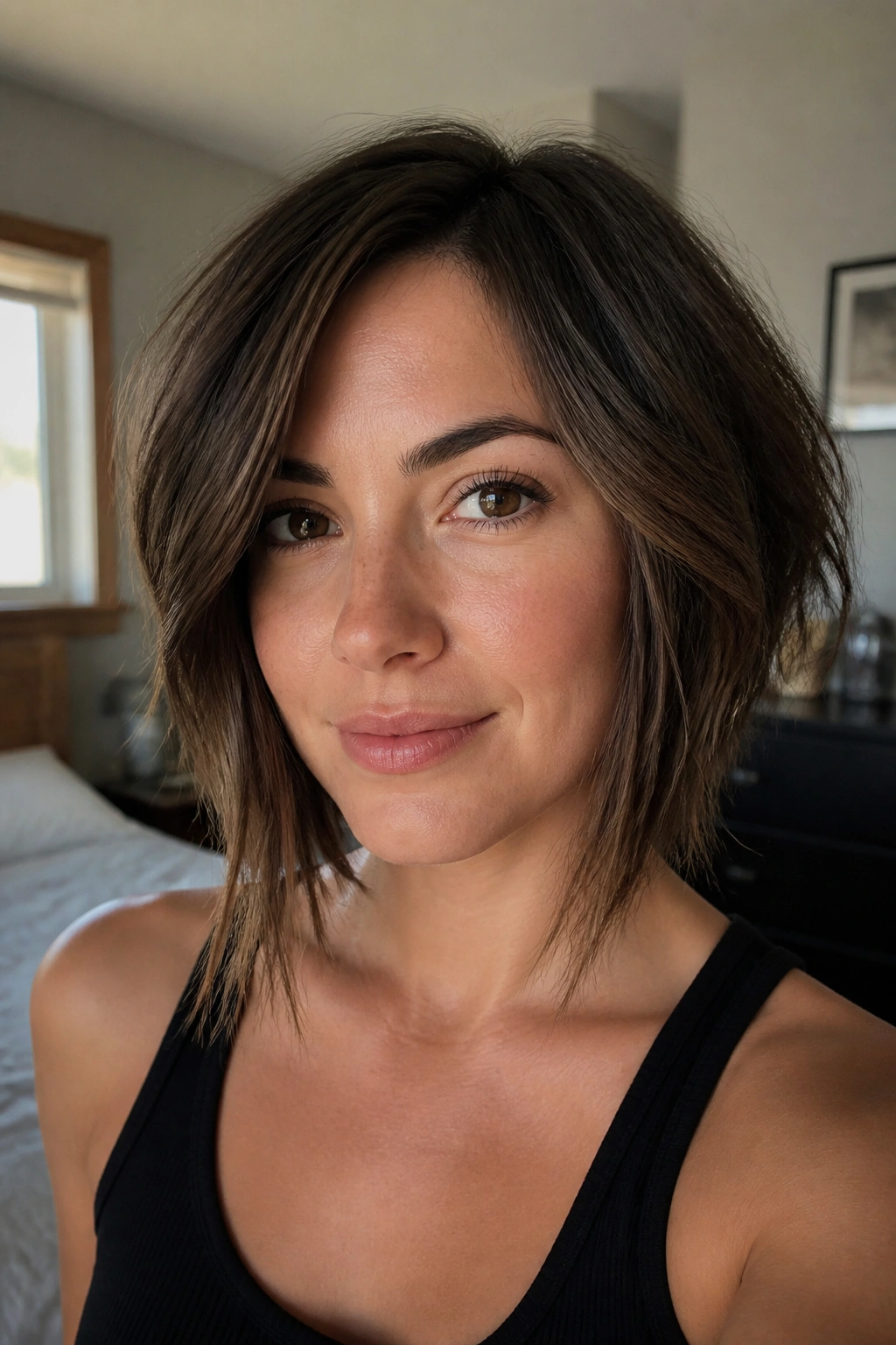 Close-up portrait of a real woman with a face-framing choppy bob starting below the cheeks.