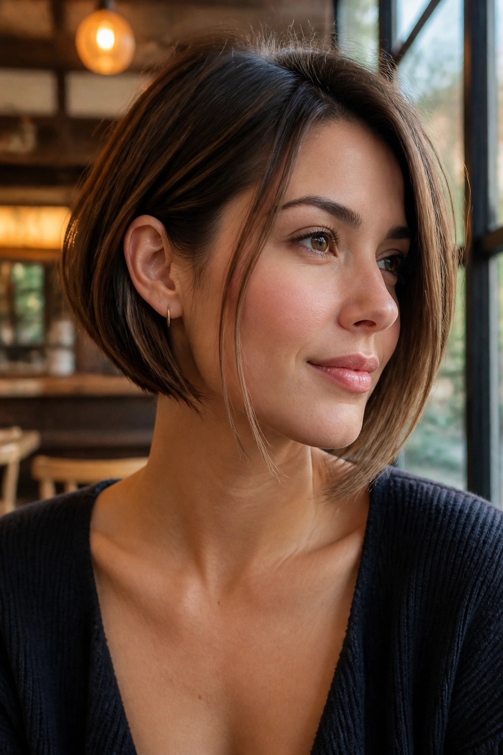 Real woman wearing a face-framing bob with long front pieces in warm window light