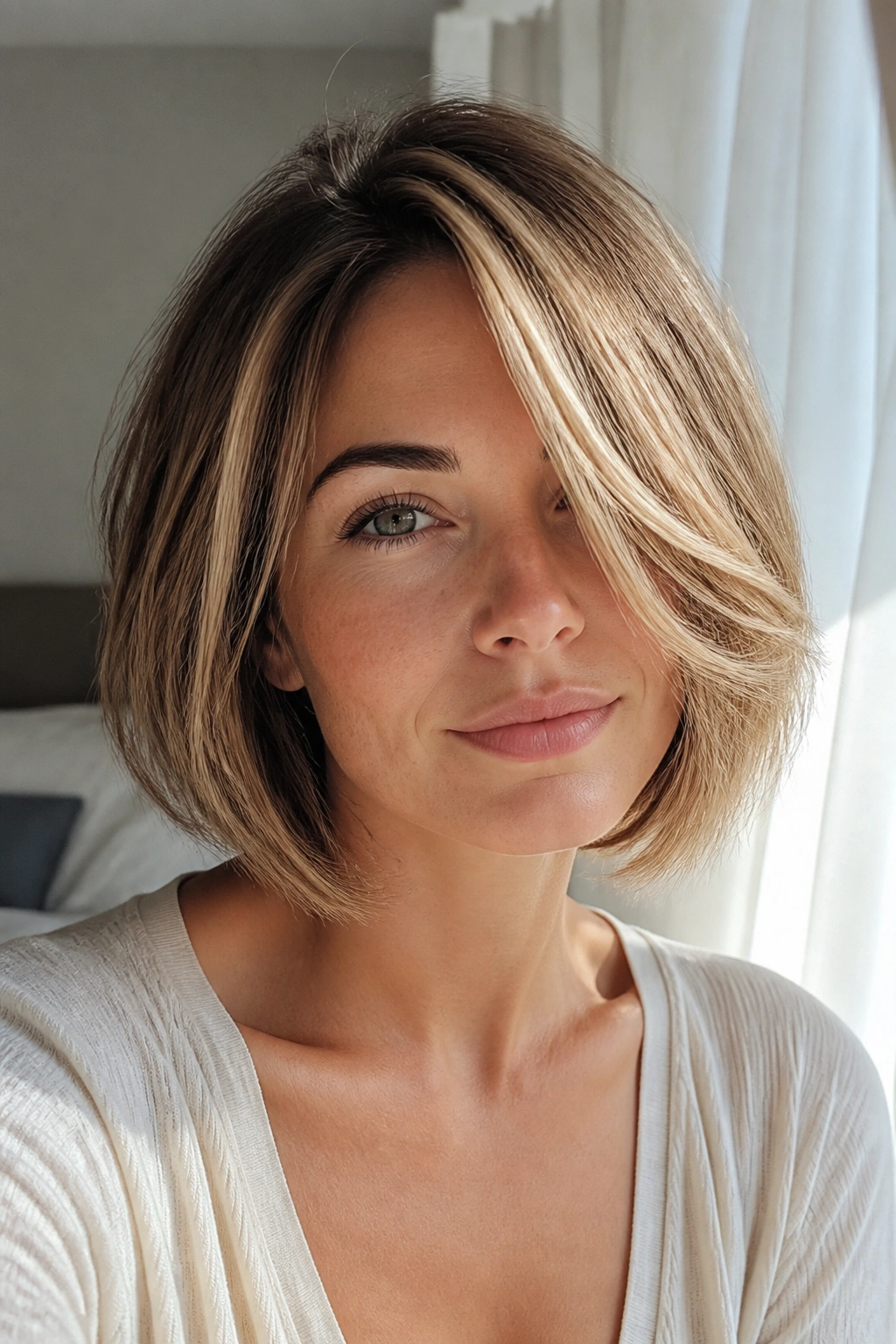 Portrait of a real woman in a face-framing bob with long sweeps.