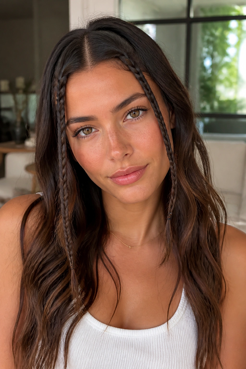 Close-up portrait of a real woman with face-framing accent braids