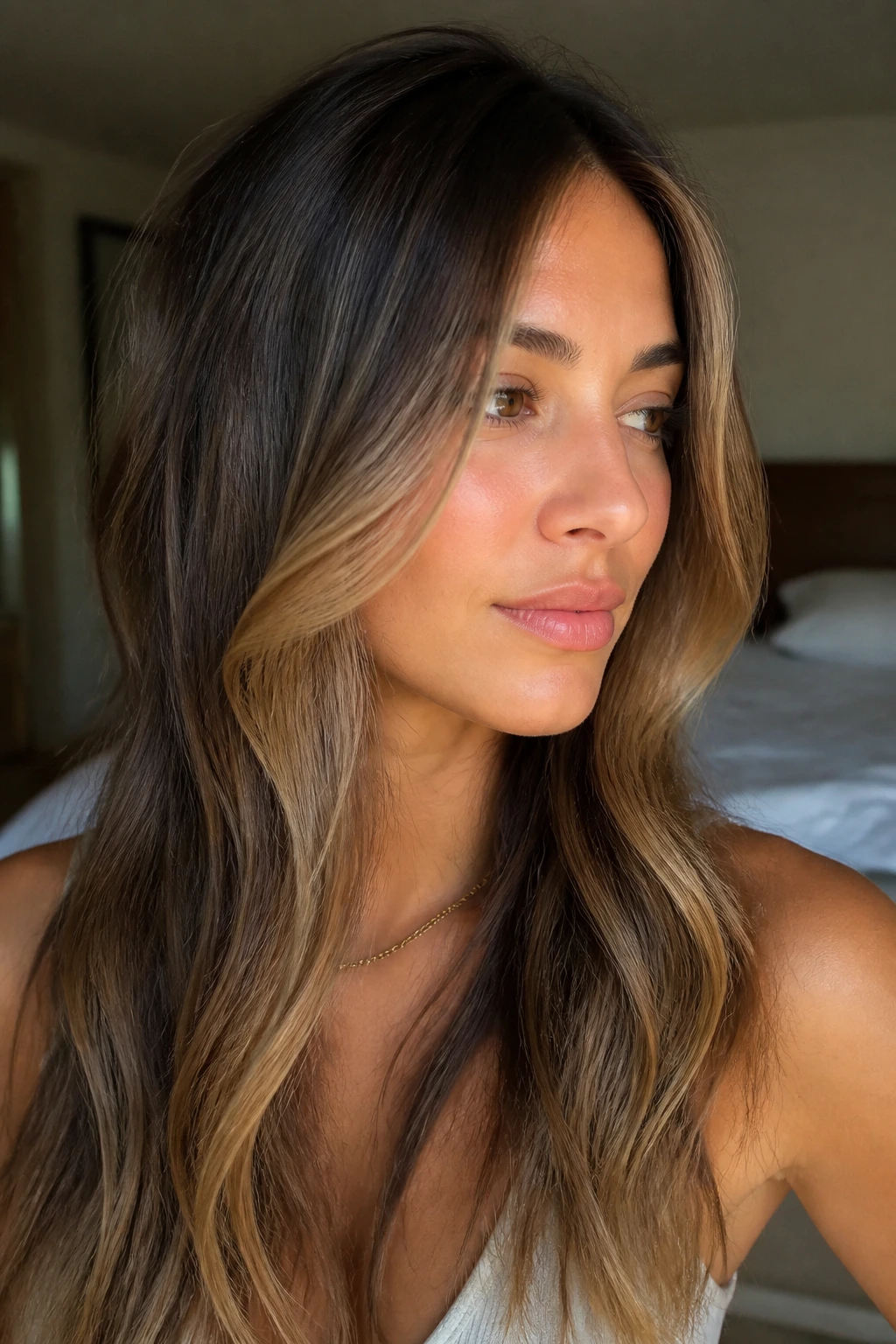 Close-up portrait of a woman with sun-kissed face-framing bronde around the cheekbones