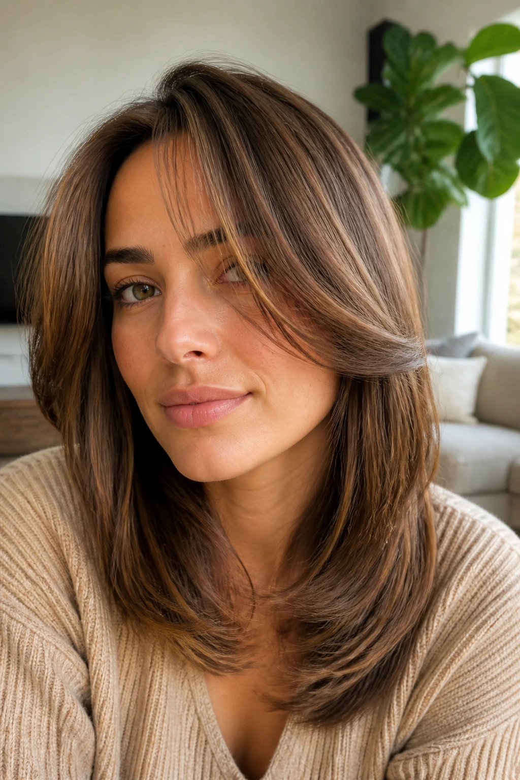 Real person showing face-framing C-shape layers, close-up portrait.