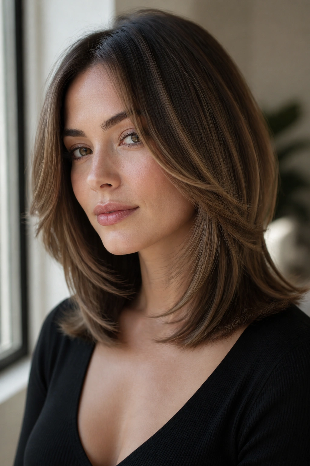 Close-up of a real person with Face-Framing C-Shape Layers curving toward the face.