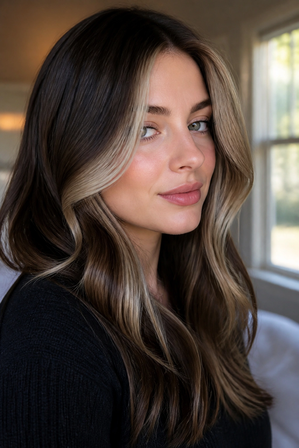 Woman with icy caramel front pieces framing the face against brunette hair.
