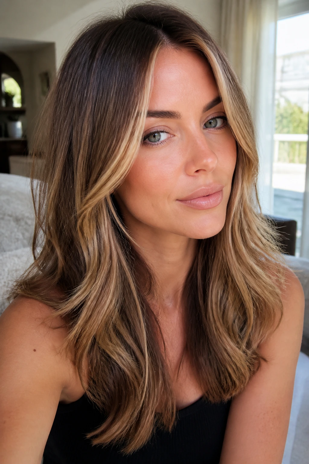 Face-framing caramel highlights on a layered haircut on a real woman.