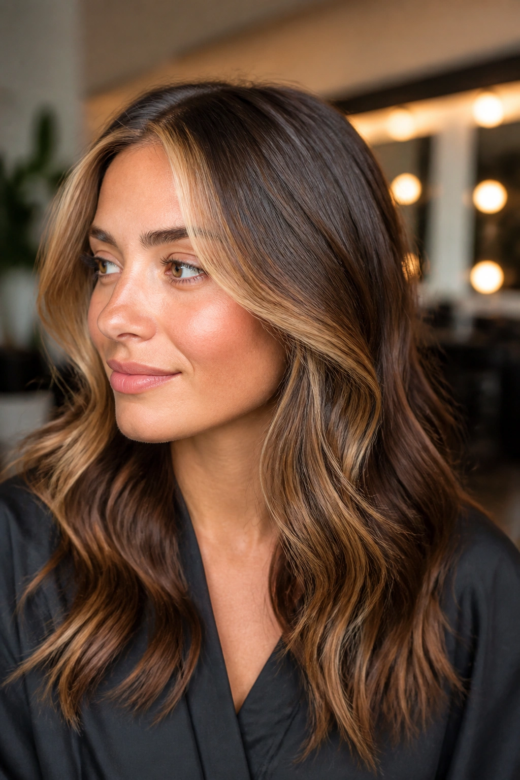 Close-up of a real woman with a delicate face-framing caramel money piece at the hairline