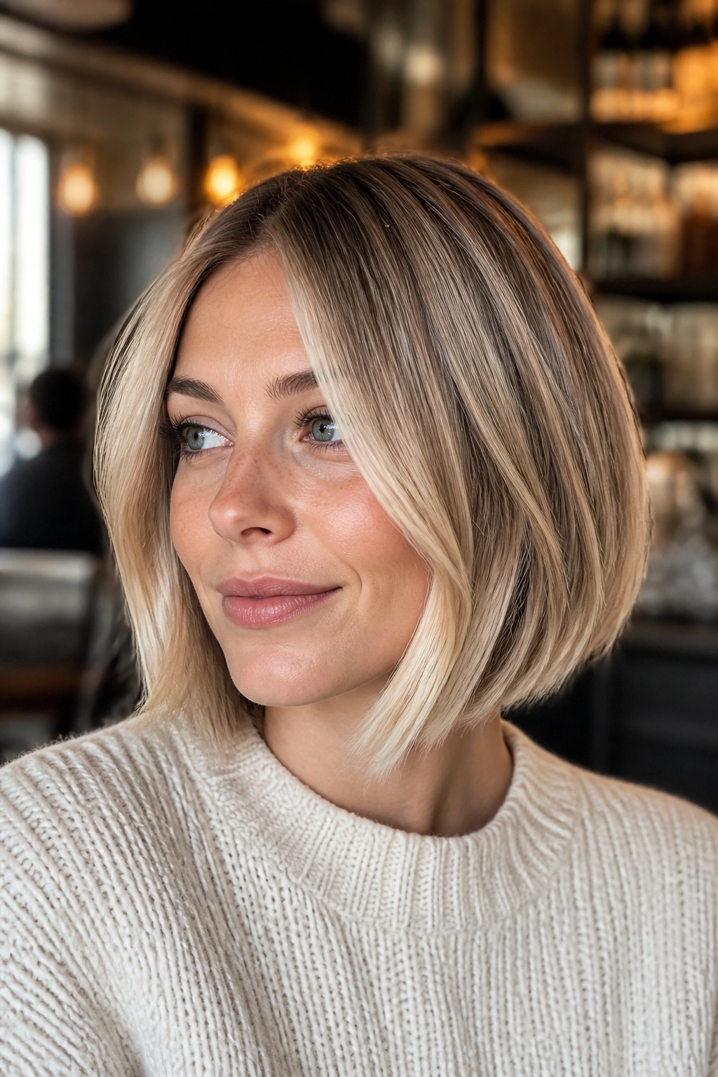 Close-up portrait of a real woman with face-framing champagne bob.