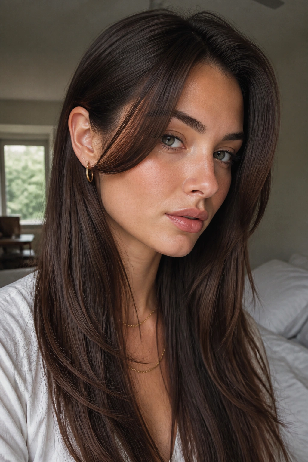 Close-up of a real woman with cheekbone-length face-framing layers in long straight hair