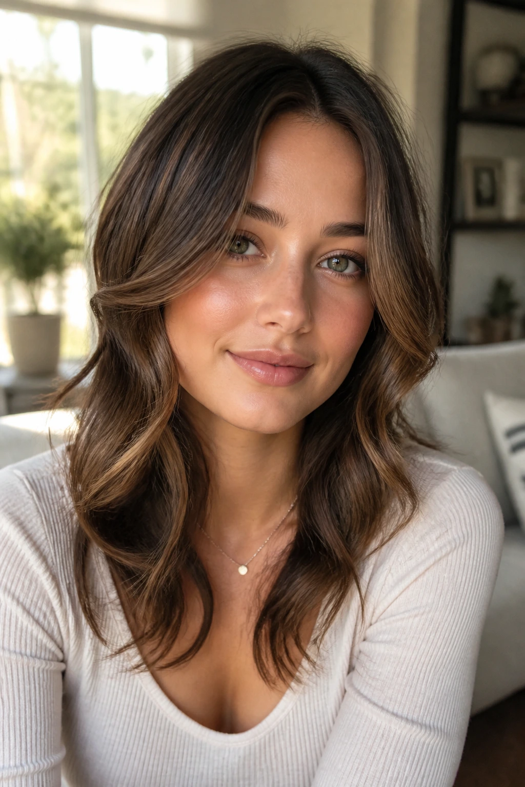 Close-up of a real woman with cheekbone-starting face-framing layers and soft waves