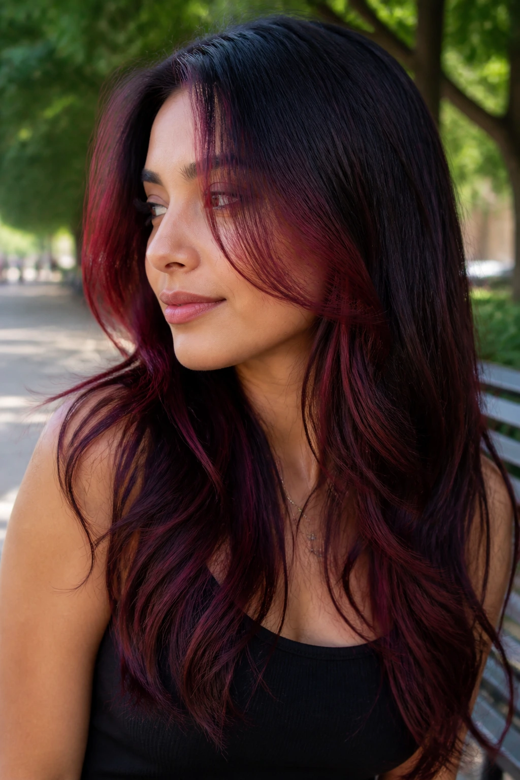 Portrait of a real person with face-framing cherry hair highlights.