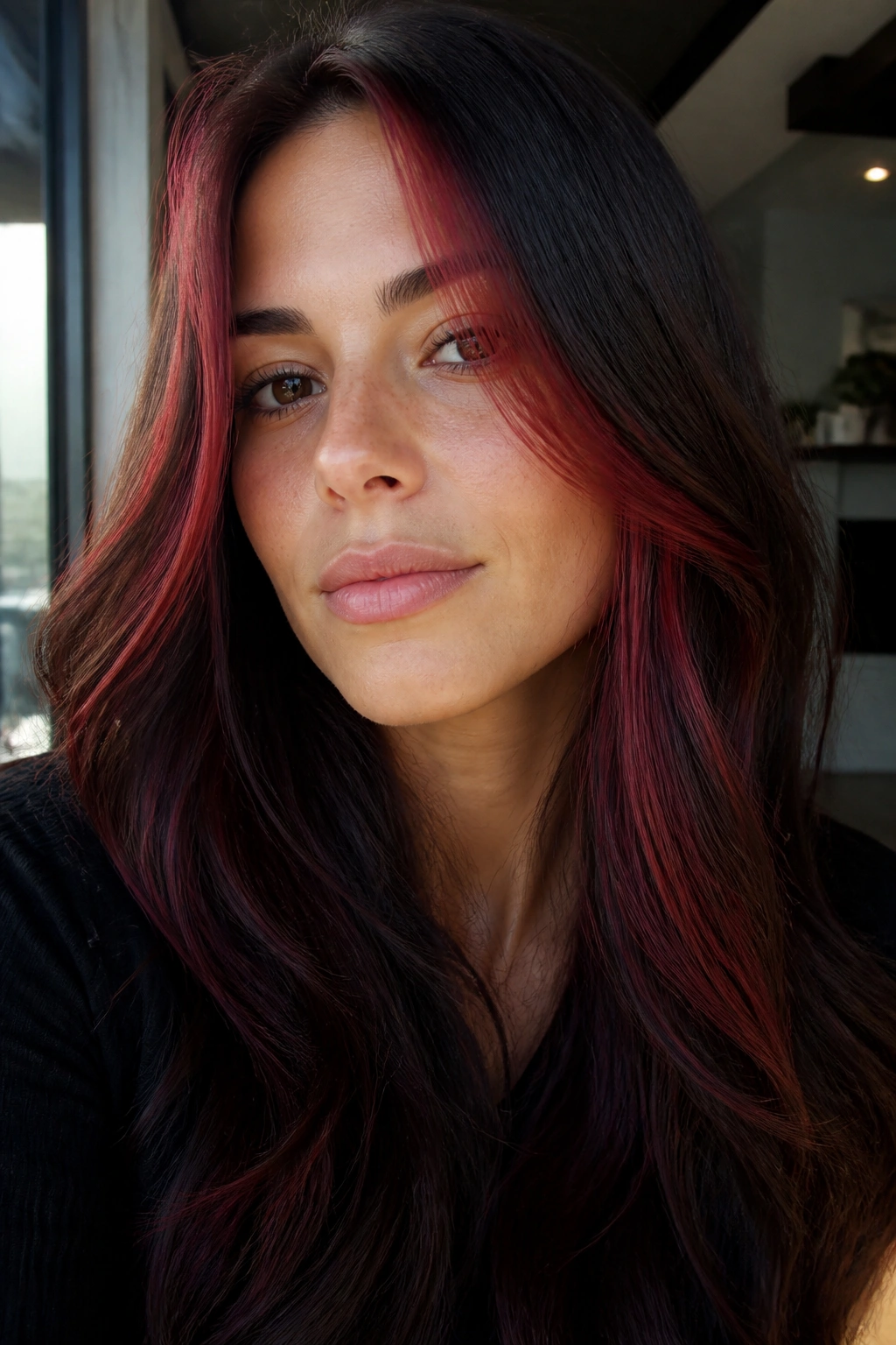 Portrait of real woman showcasing face-framing cherry panels with dark lengths
