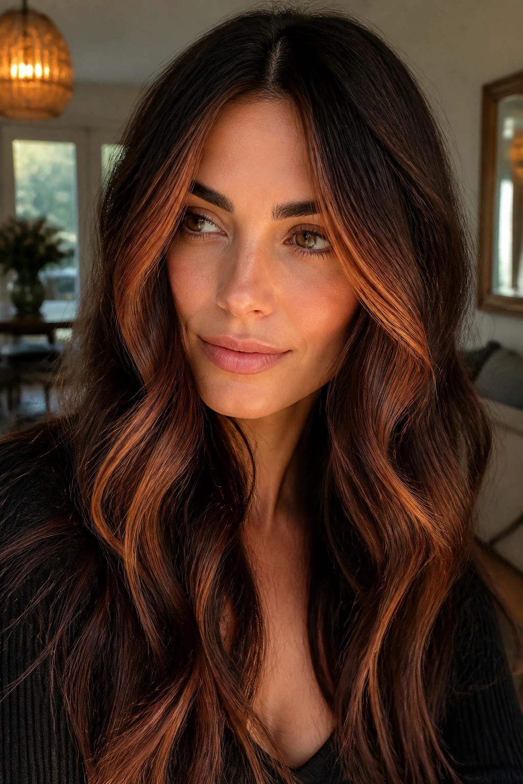 Close-up portrait of a real person showing a face-framing copper halo on dark brown hair
