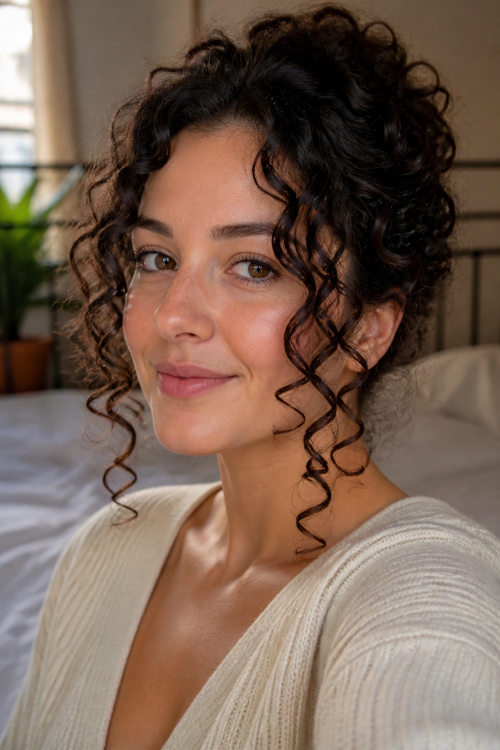 Portrait of face-framing curls starting below the cheekbones on a real person in soft light