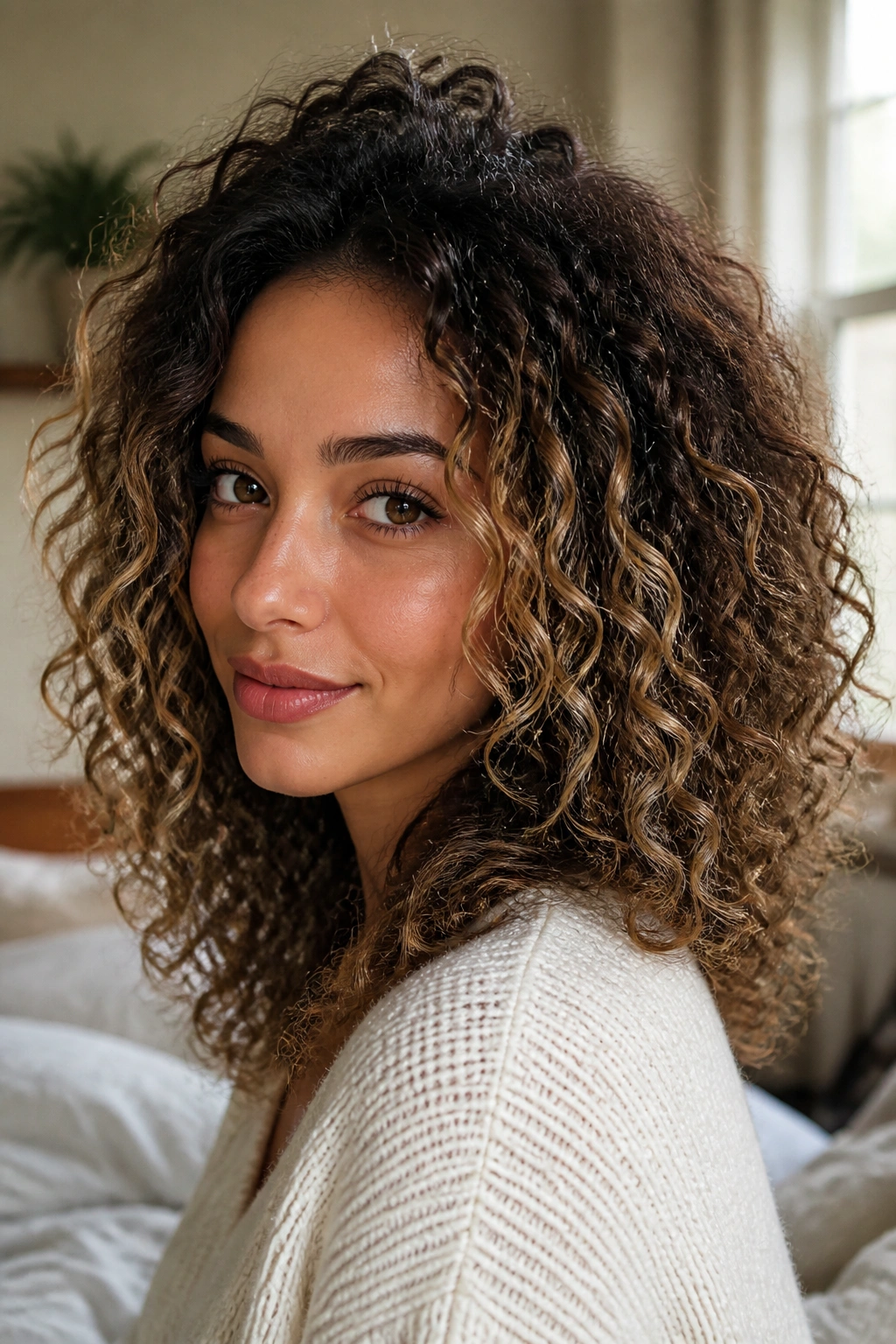 Face-framing highlights on curly hair around cheekbones in soft daylight