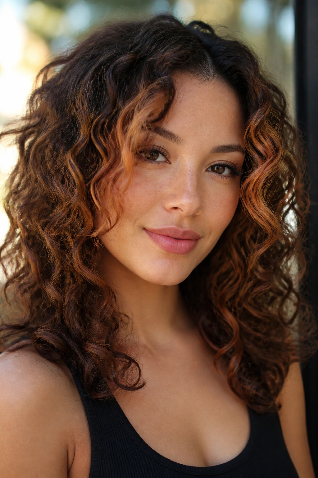 Close-up of a woman with curly layered hair showing copper around temples and cheeks