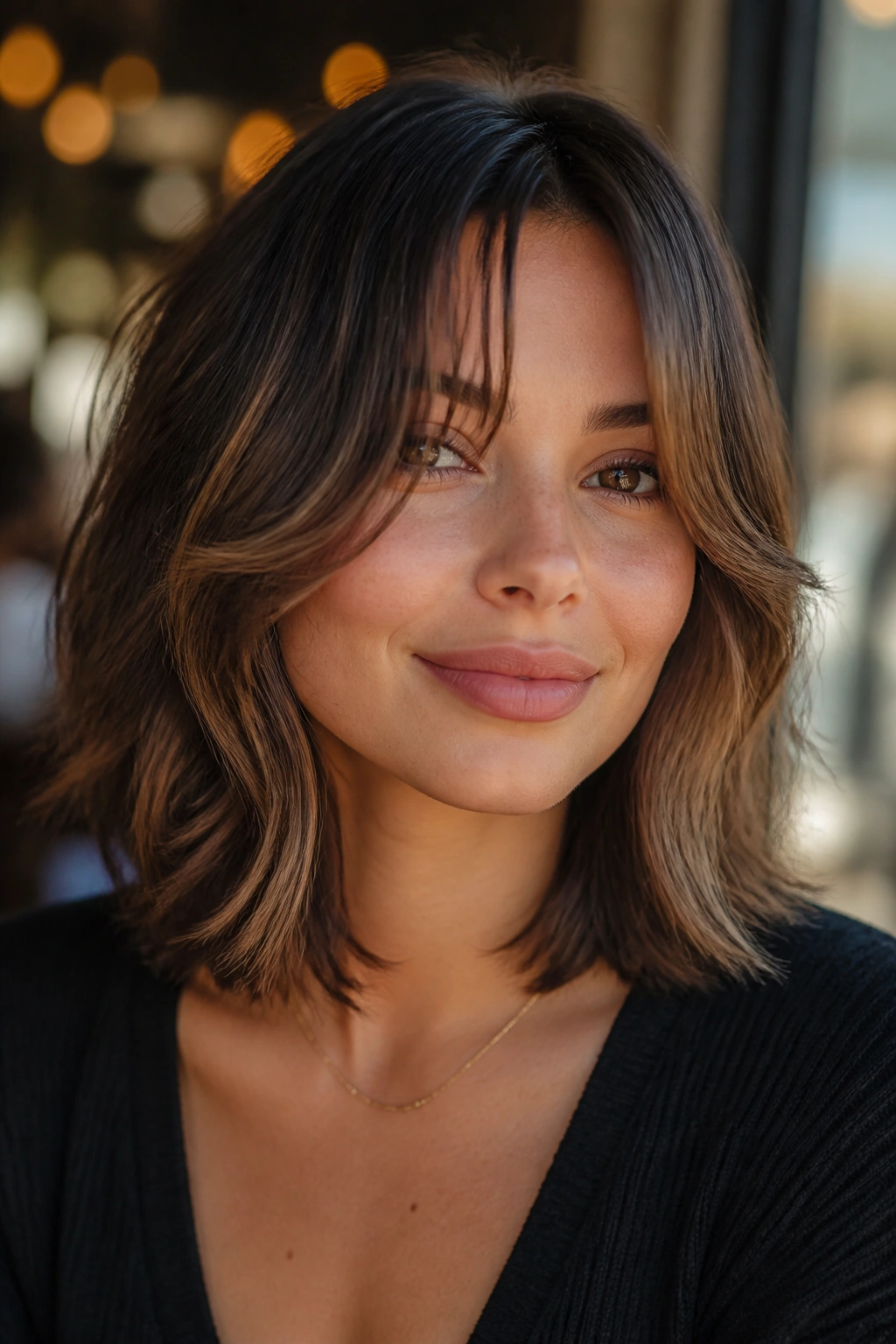Close-up of a real woman with face-framing bangs and cheekbone-length layers.