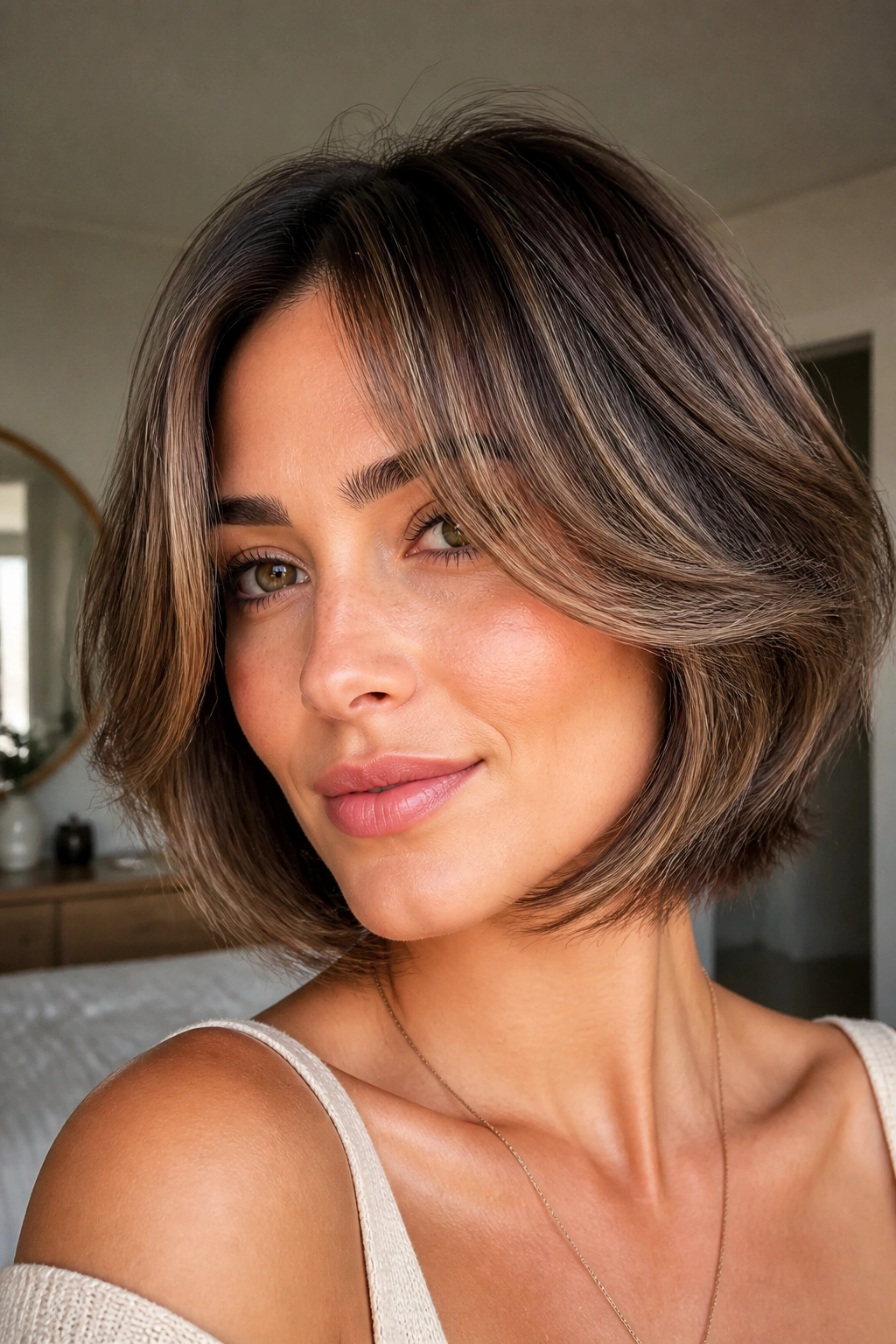 Real woman with face-framing feathered bob highlighting cheekbones