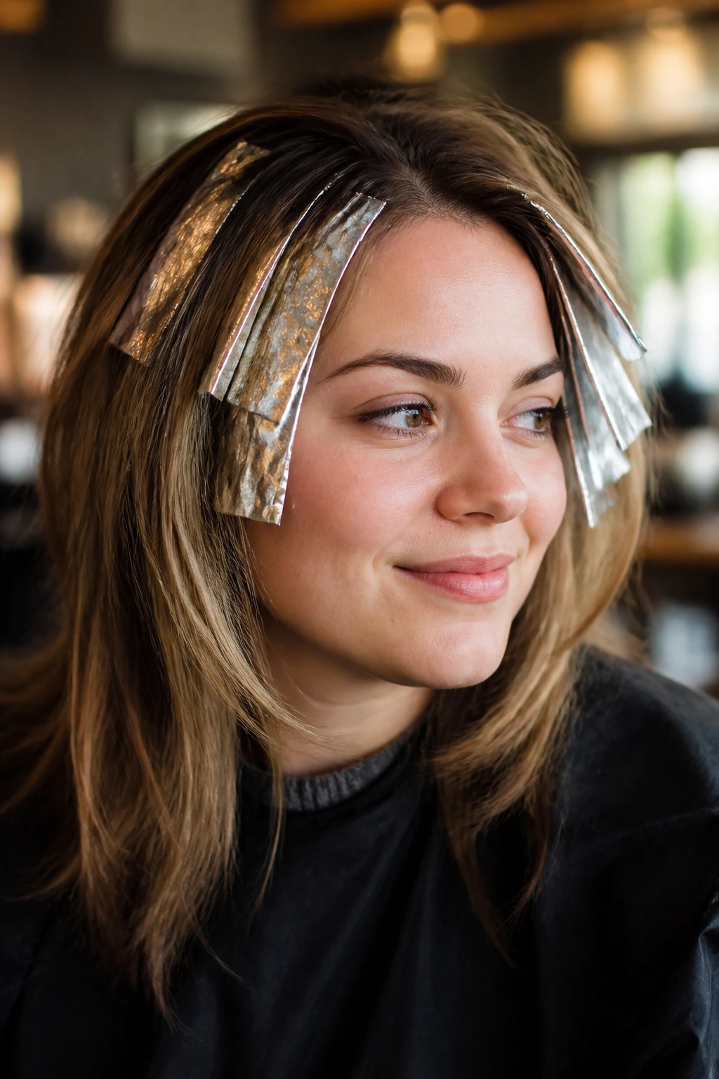 Close-up of a real woman with foils stopping above the cheeks framing the face
