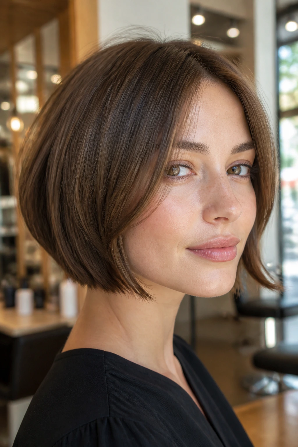 Real woman with French bob featuring subtle face-framing layers