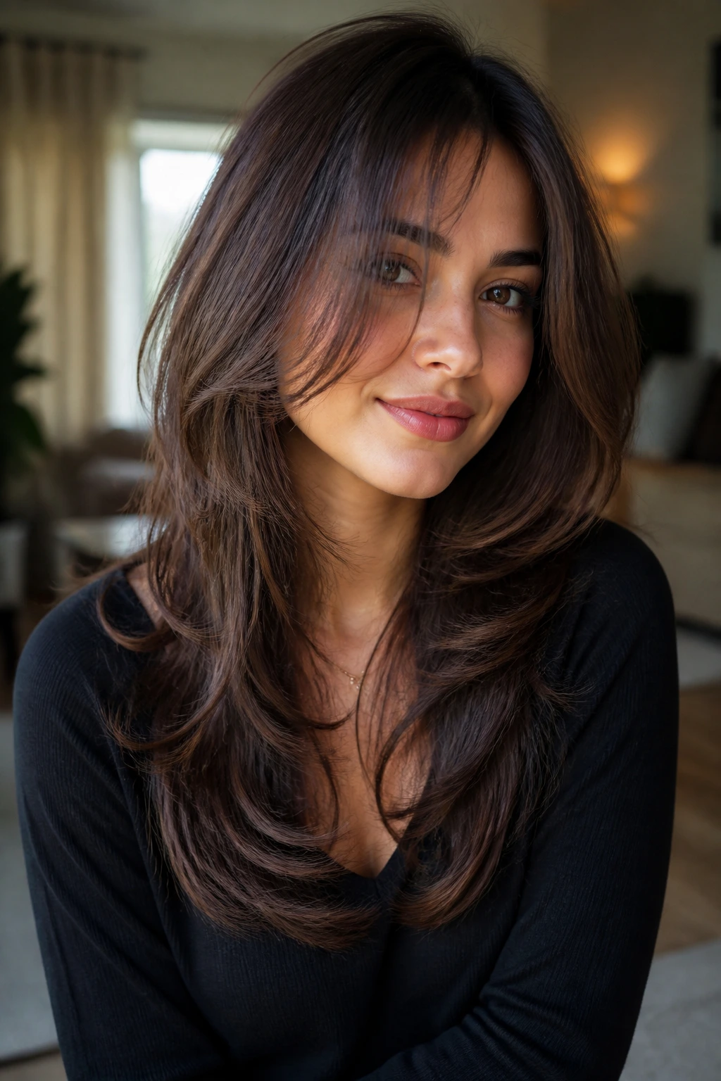 Portrait of a real woman with face-framing fringe and butterfly layers.