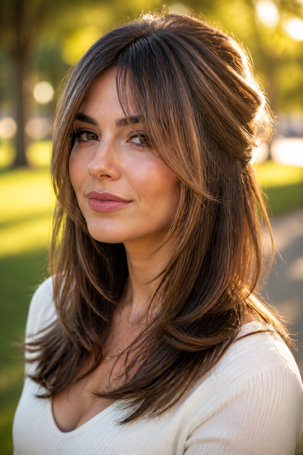 Face-framing fringe with high layers on real woman in park during golden hour