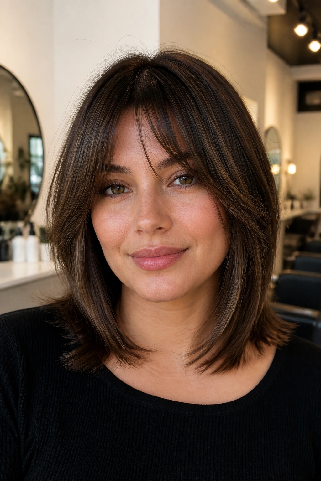 Close-up portrait of a real woman with face-framing layers and fringe for round faces