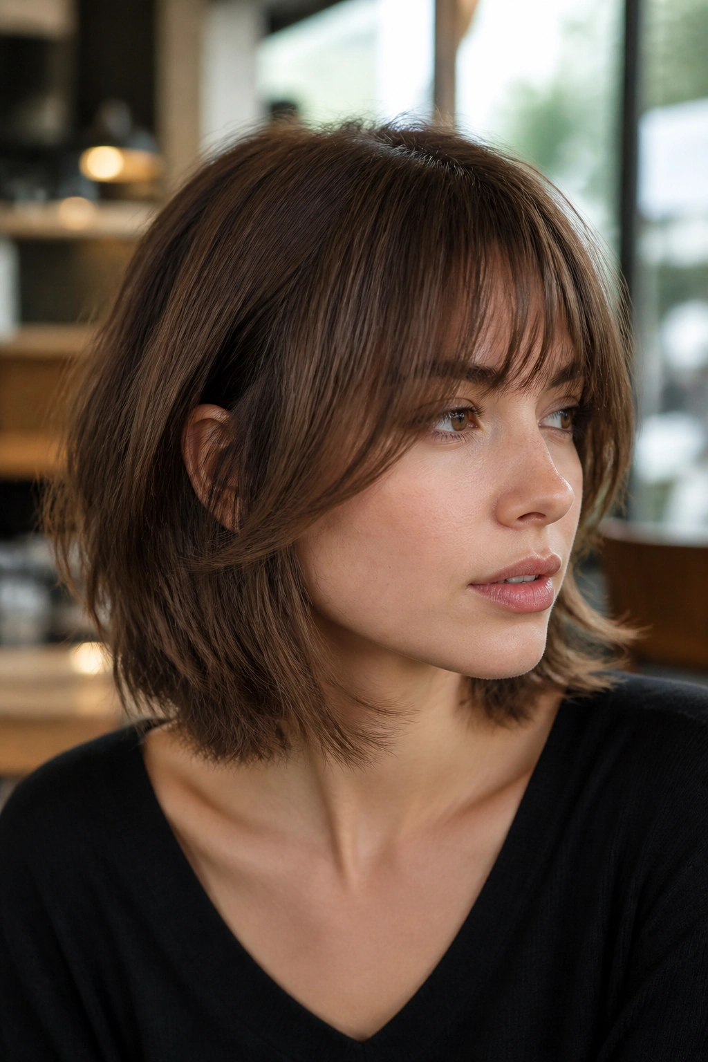 Portrait of woman with face-framing fringe blending into layers