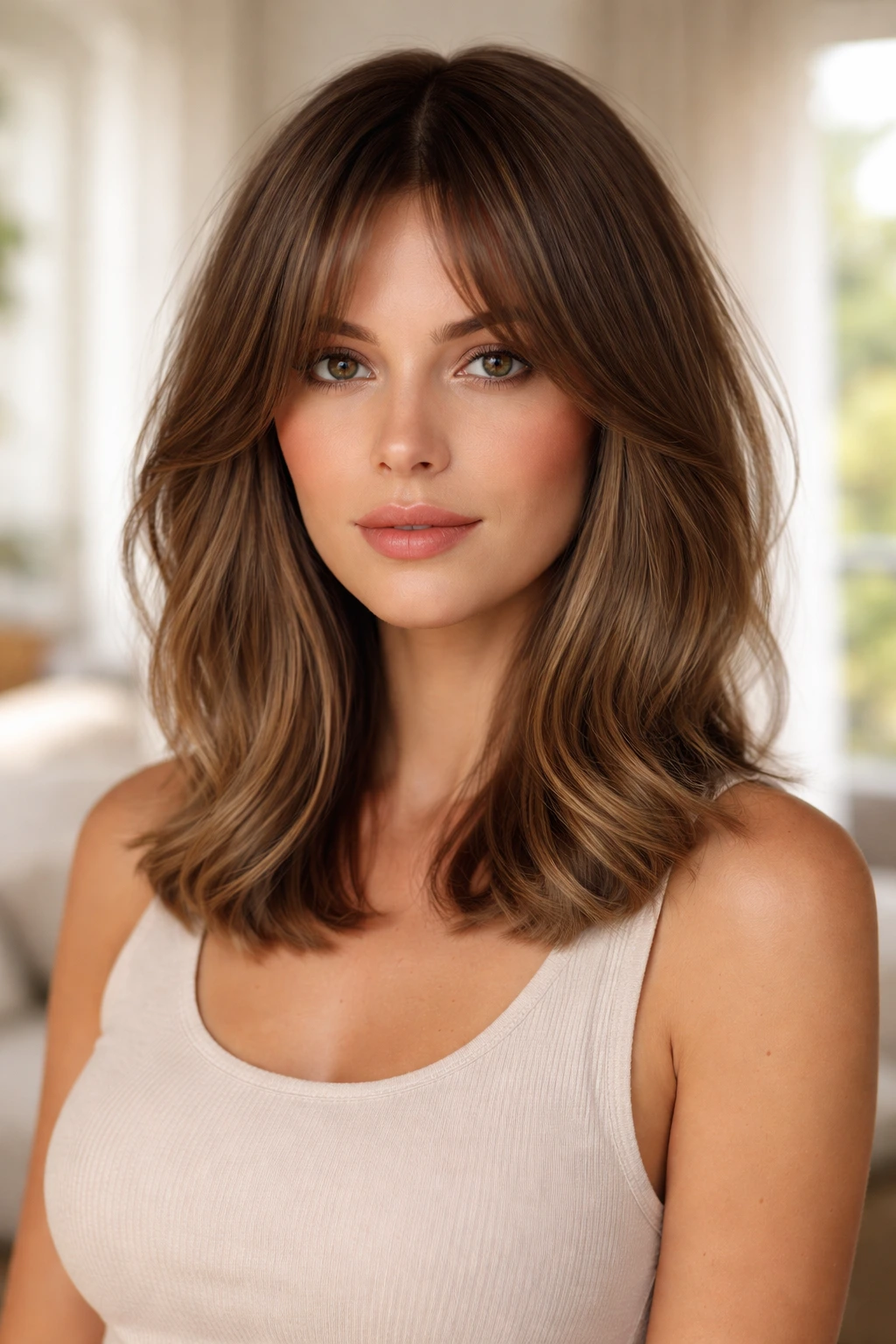 Close-up portrait of a real woman with face-framing fringe lob