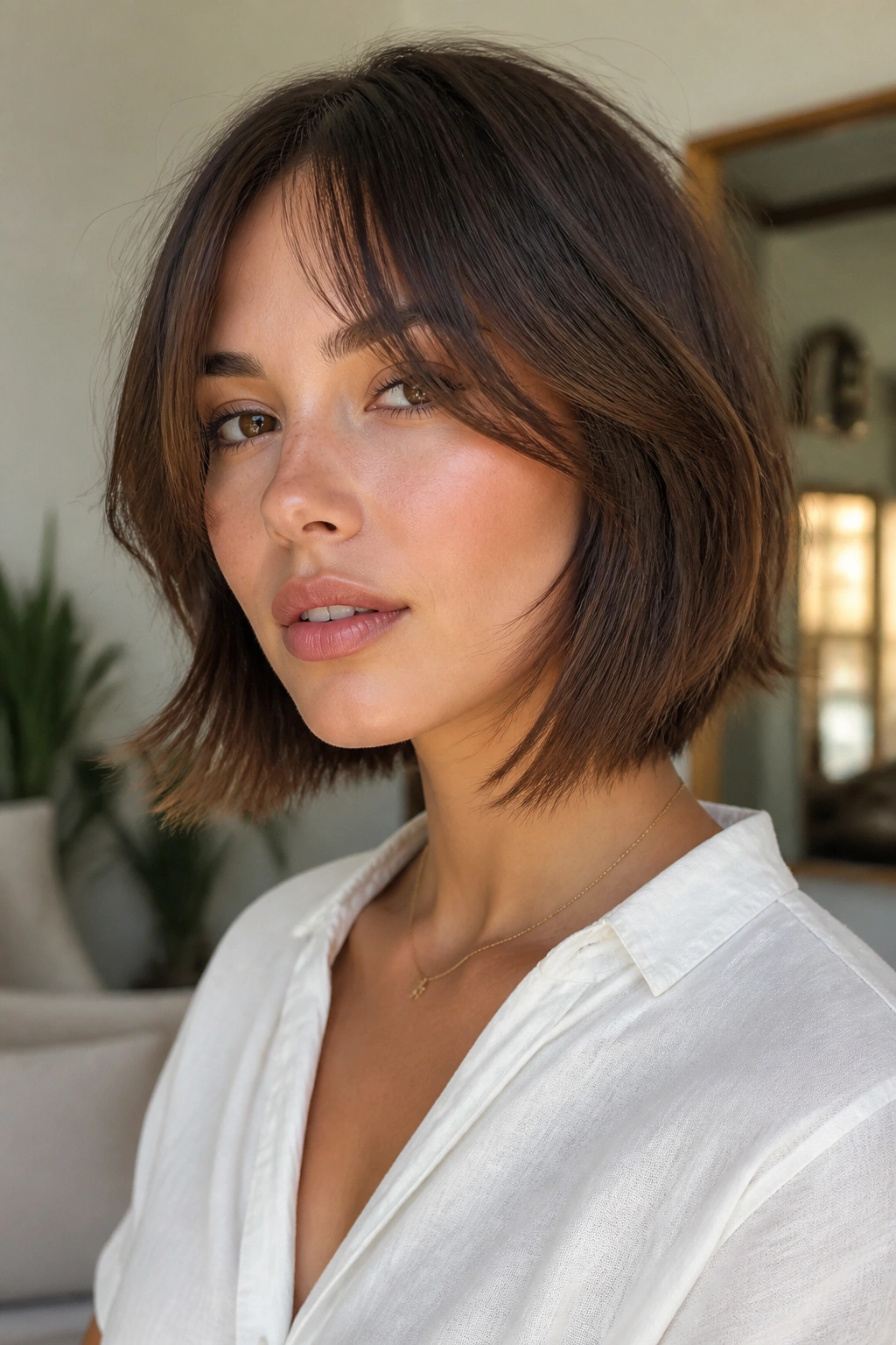 Portrait of a woman with face-framing fringe
