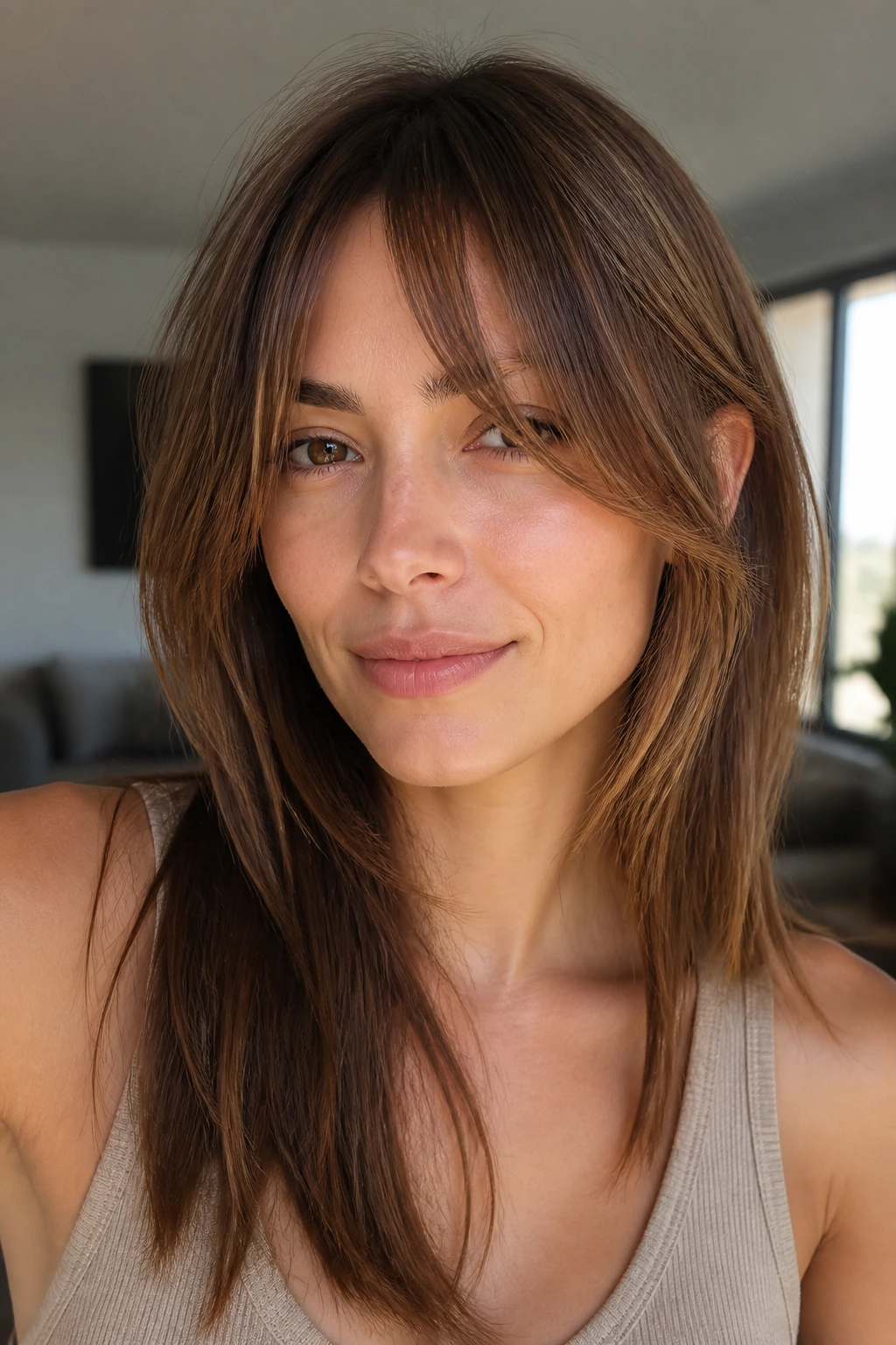 Portrait of a real person with face-framing fringe in natural window light