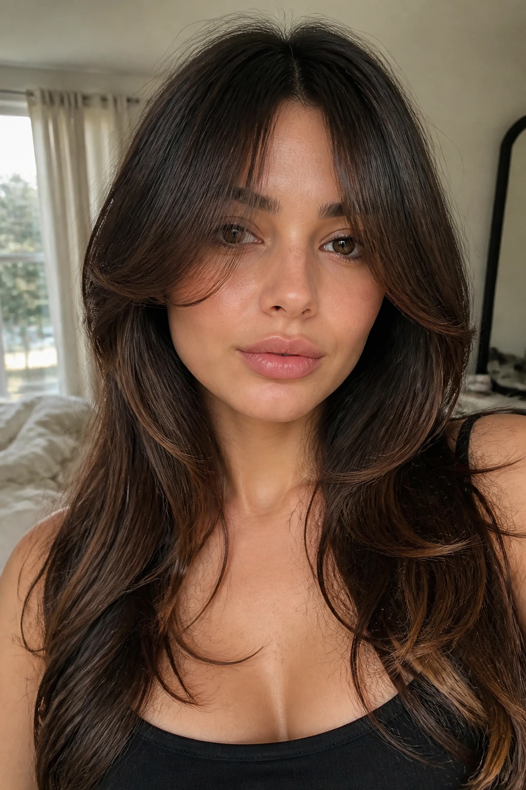 Close-up of brunette woman with face-framing fringe and U-cut in soft natural light.