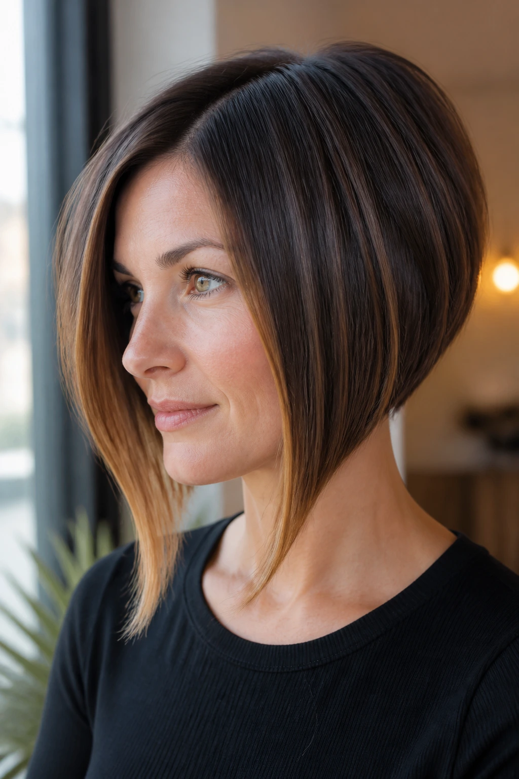 Portrait of a real woman with face-framing graduated bob and long front angles, soft window light.