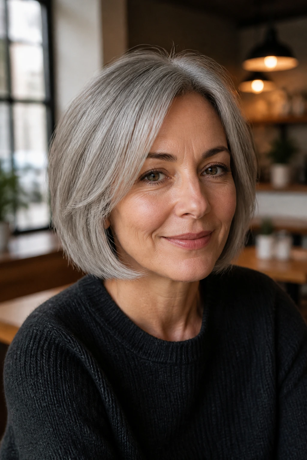 Close-up portrait of a real woman with a face-framing grey bob and light layers