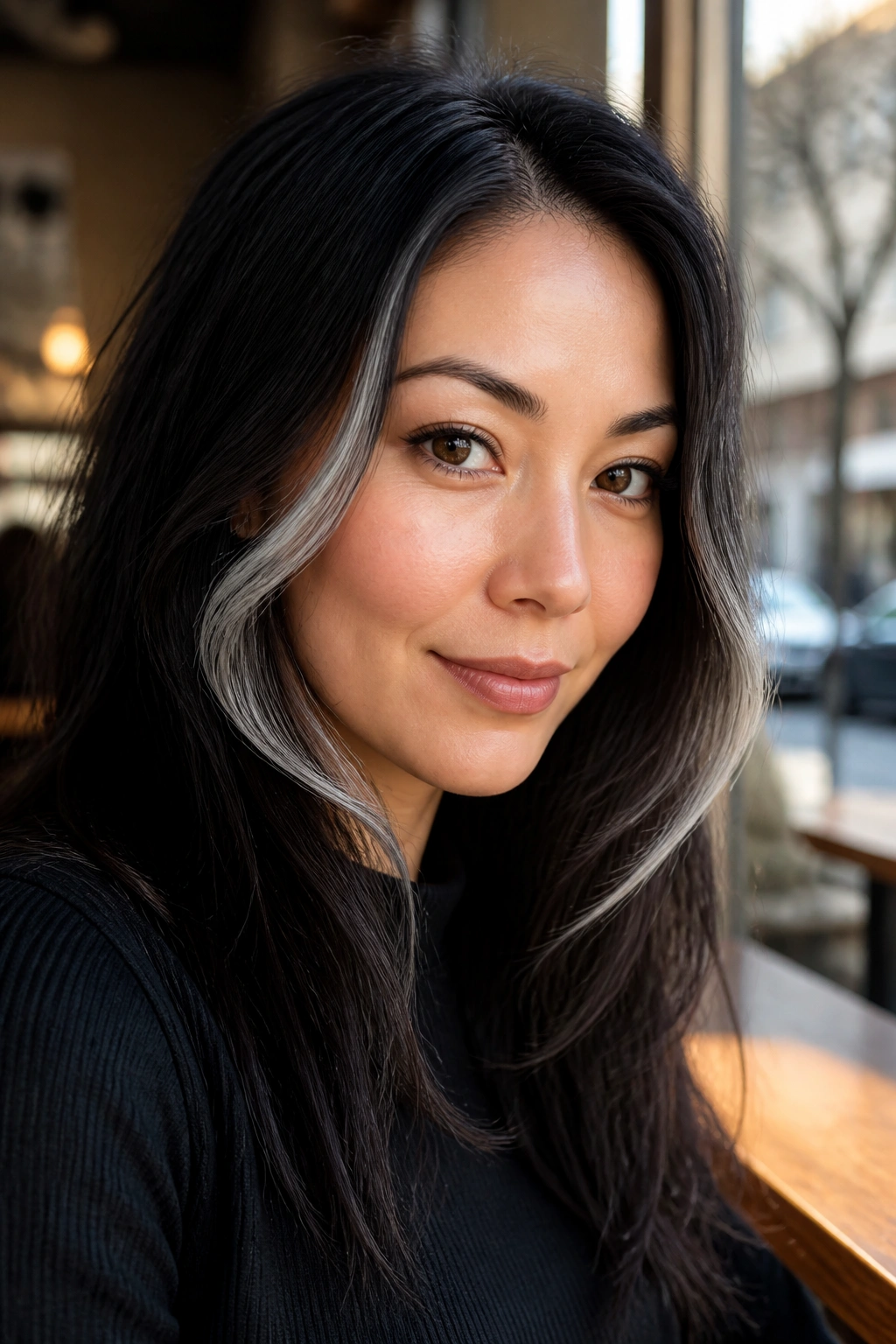 Close-up of a real woman with two slim grey streaks starting below the cheekbone