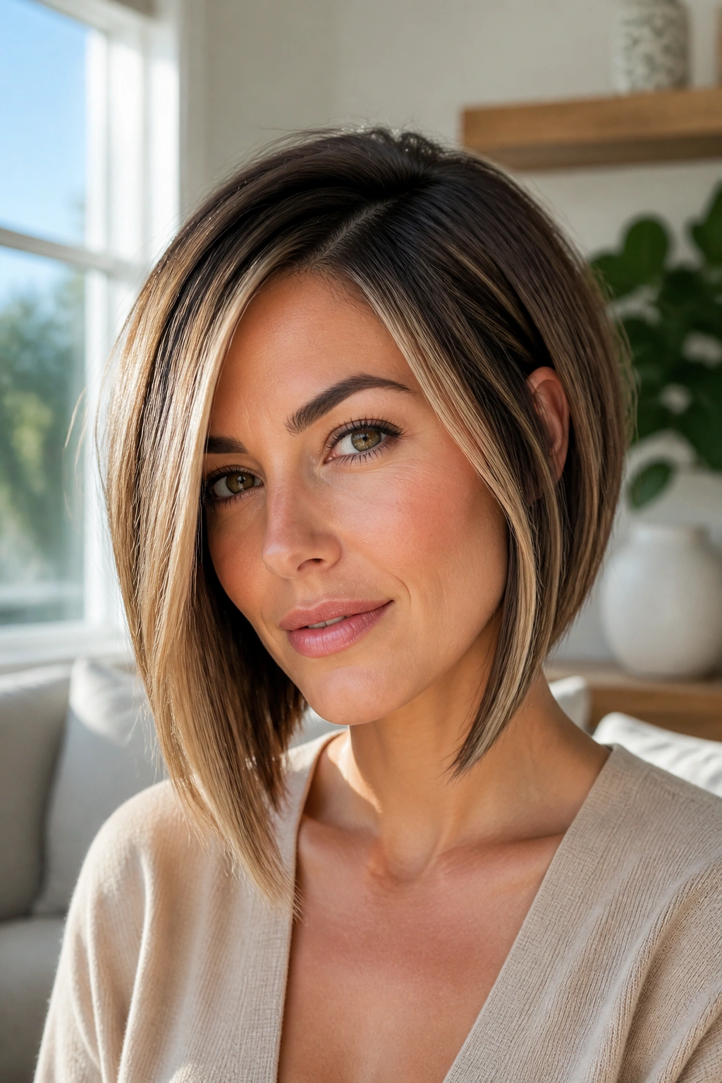 Portrait of a woman with highlighted face-framing asymmetrical bob