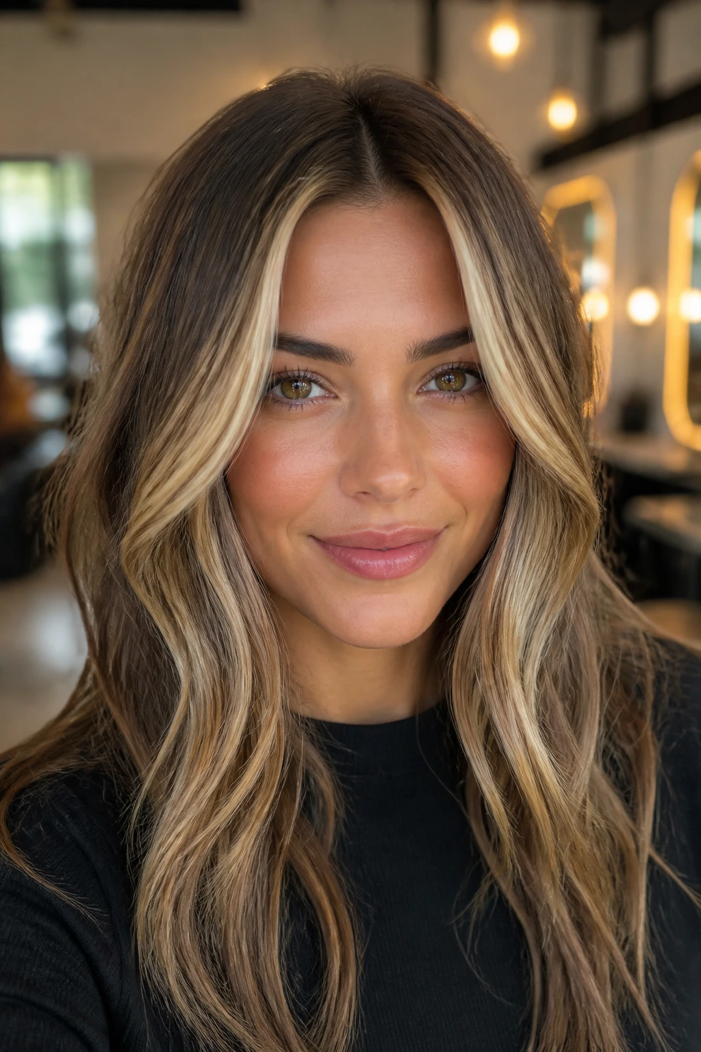 Portrait of a person with face-framing highlights around the middle part