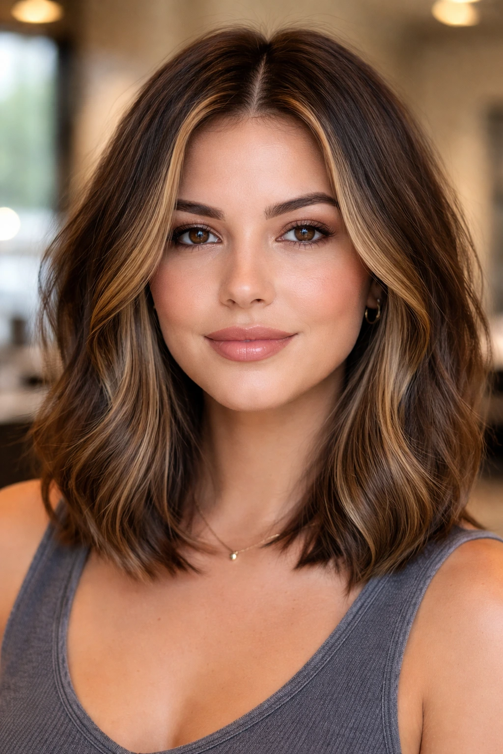 Close-up of a real woman with subtle face-framing highlights around the lob