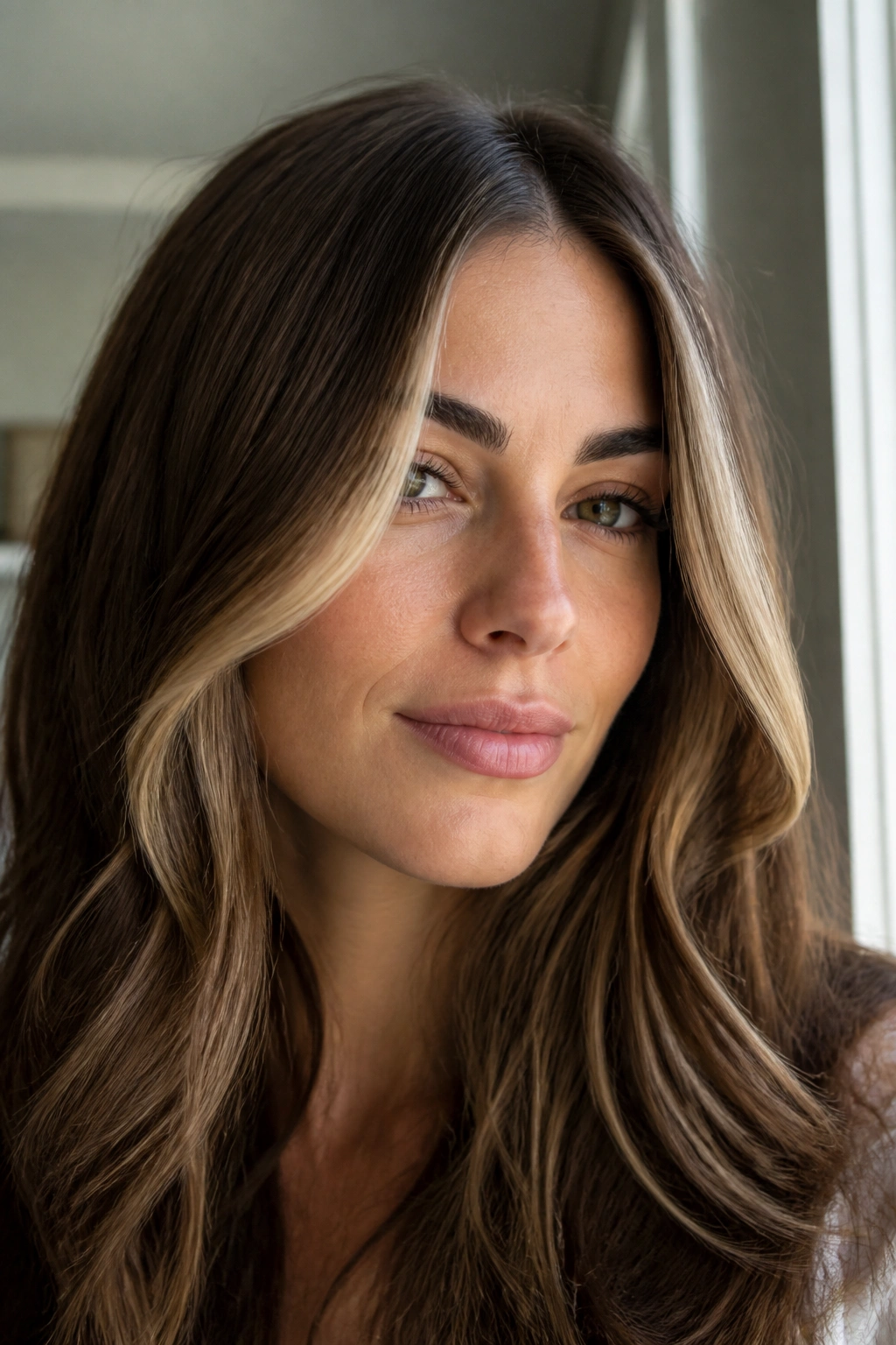 Close-up portrait of a real woman with face-framing money pieces on brown hair.