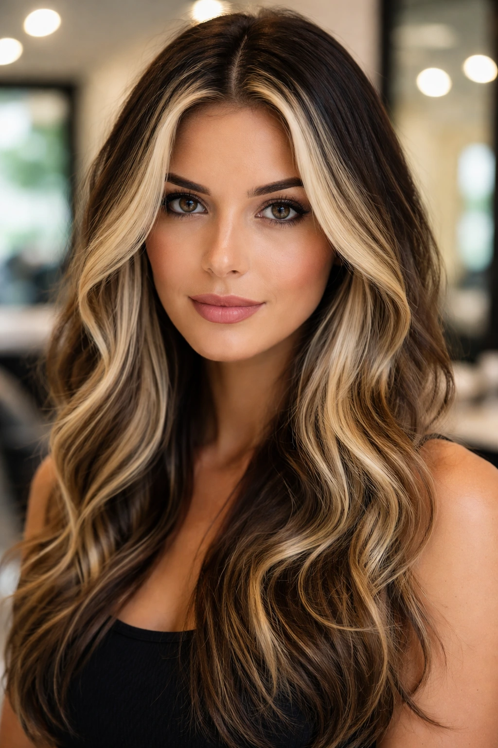 Close-up of a real woman with face-framing highlights and dark roots