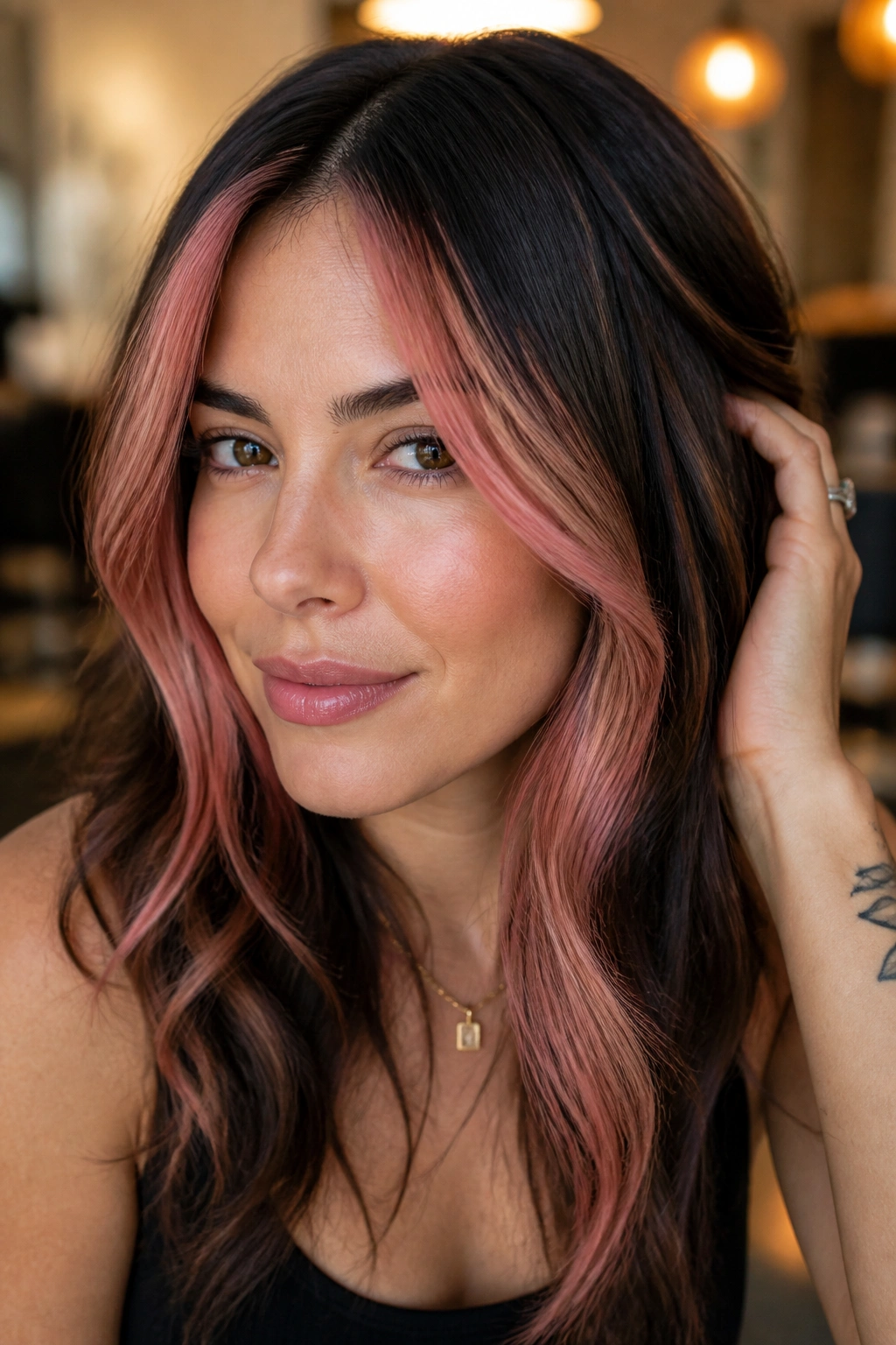 Portrait with face-framing rose gold pieces brightening the complexion