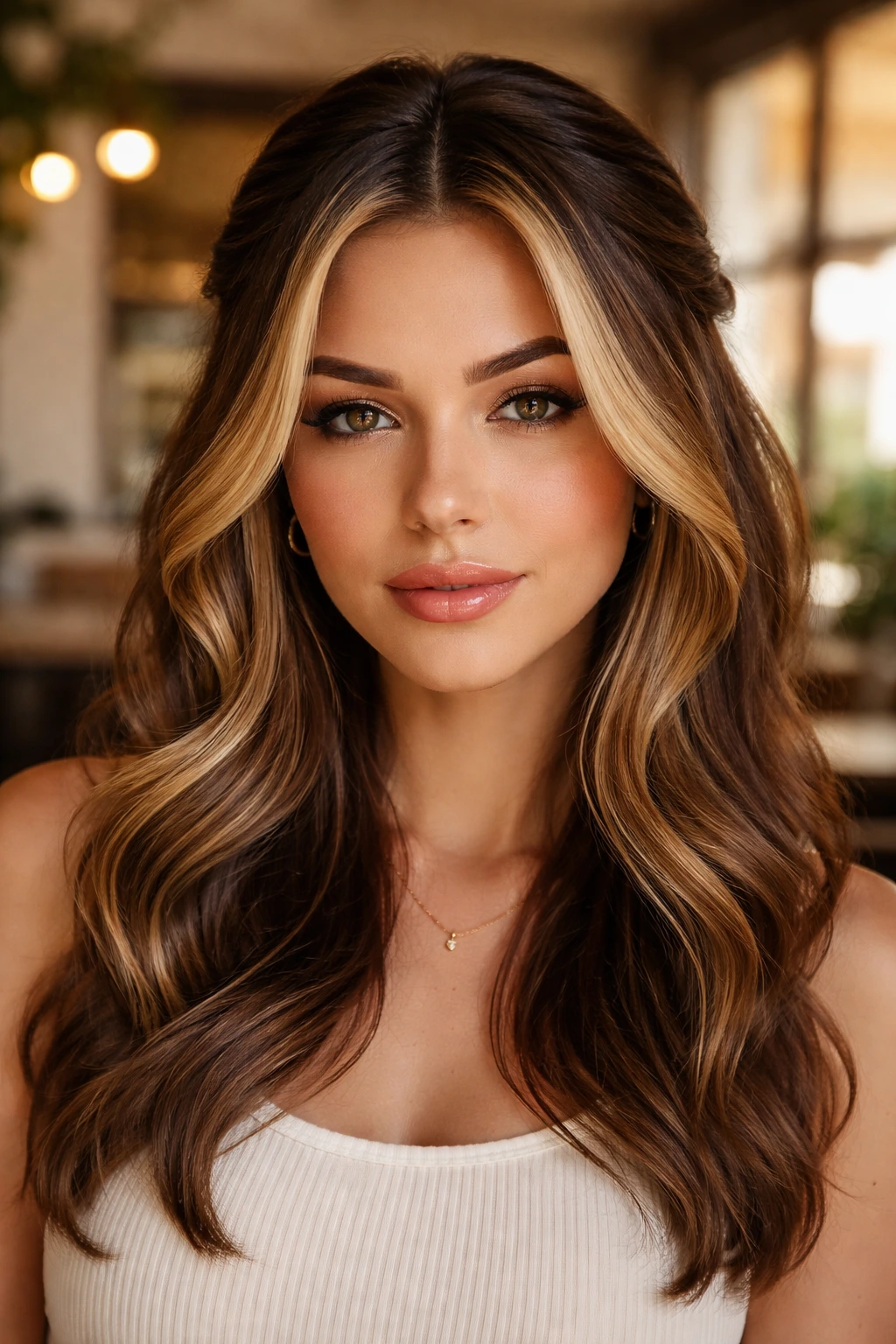Close-up of a real woman with face-framing honey money pieces around the cheeks