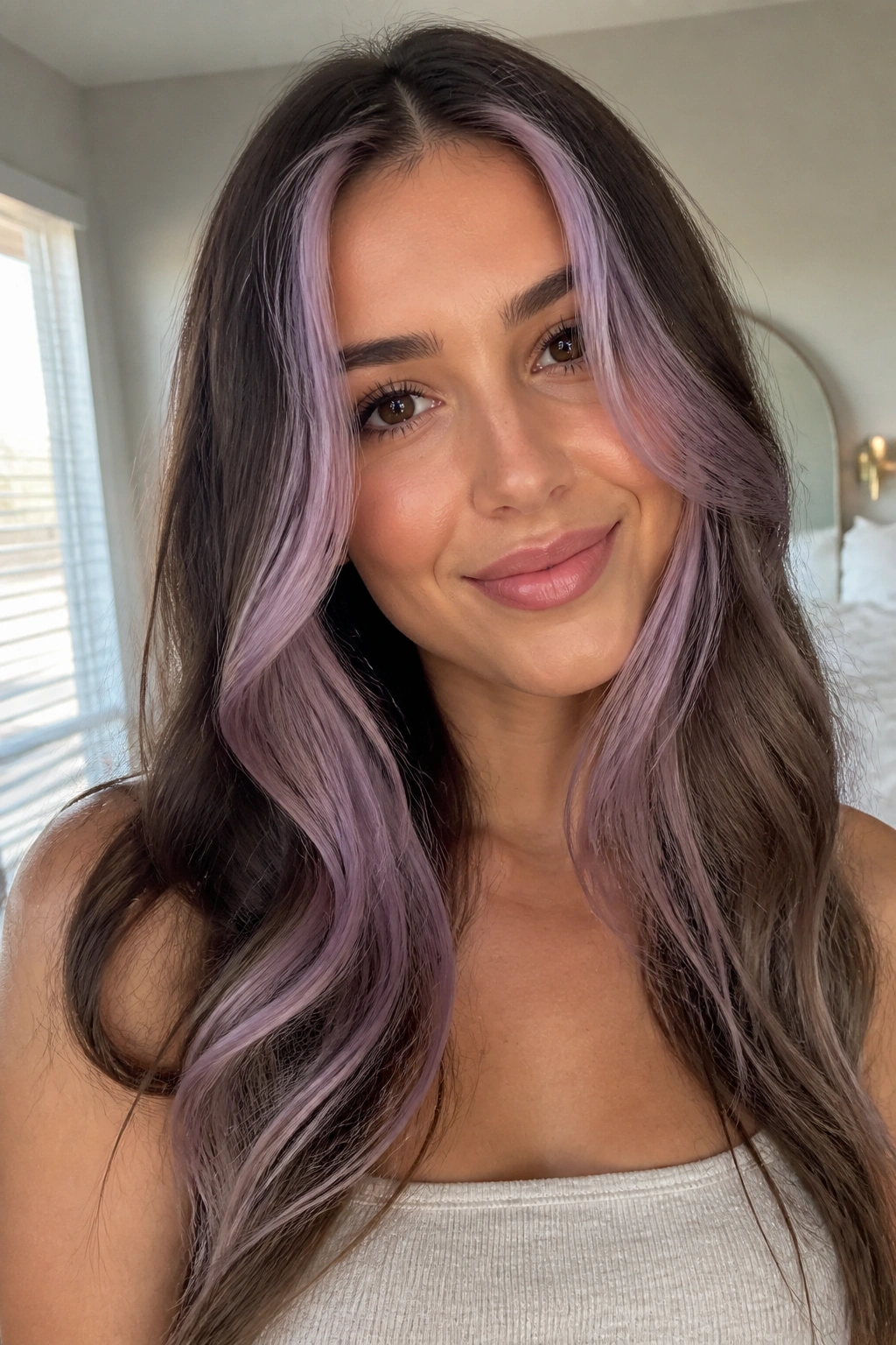 Close-up of face-framing lavender front pieces around the hair on a real person