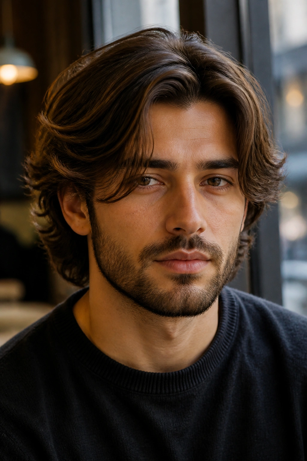 Portrait of a real person with face-framing layered front hair in window light