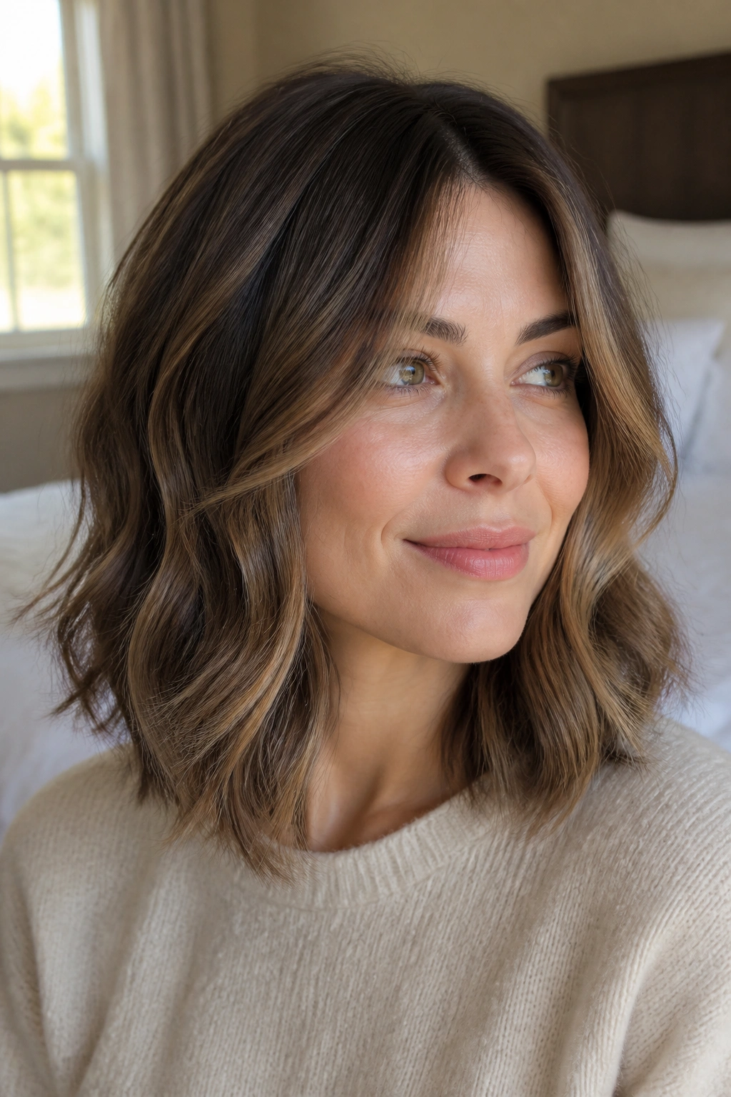 Real woman with face-framing layered lob showing front pieces away from the face.