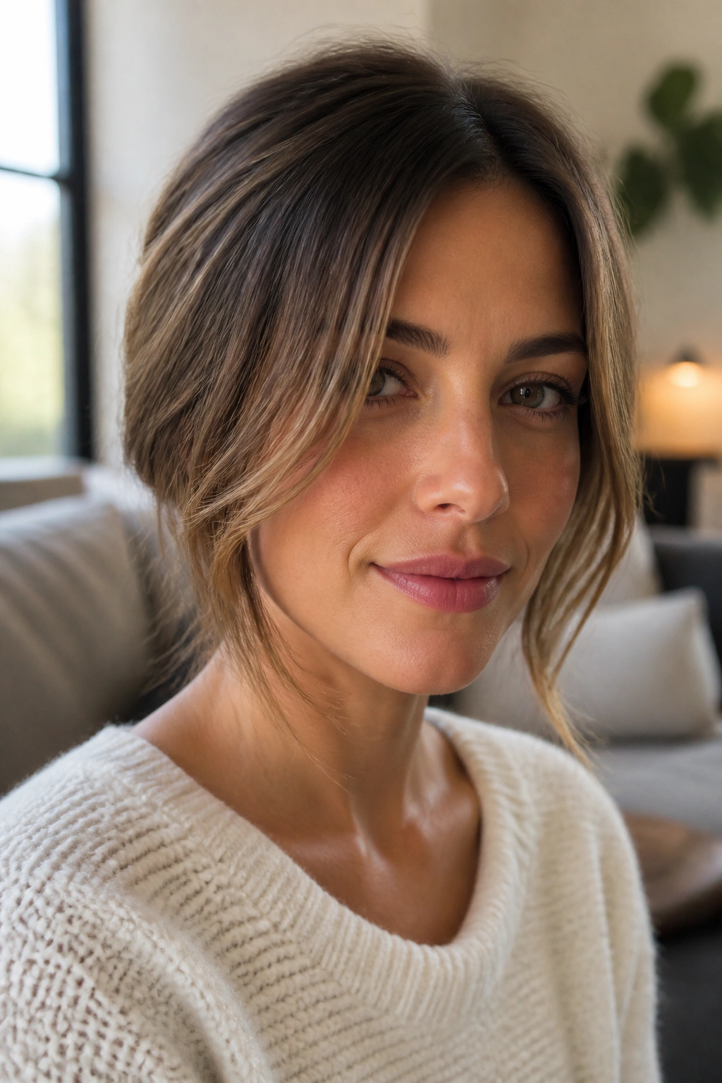 Real person with front face-framing layers starting at cheekbones.