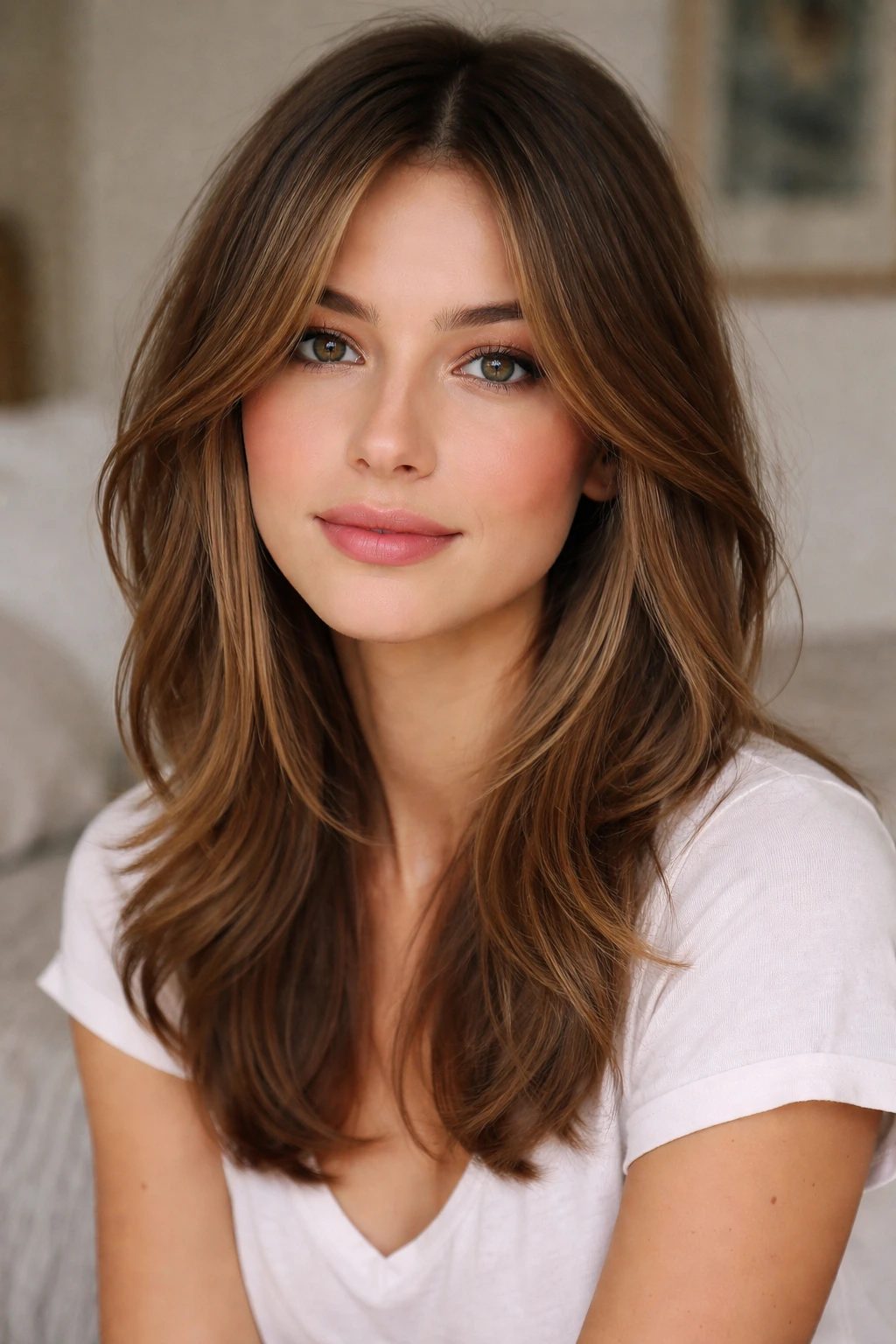 Close-up of a real person with chin-length face-framing layers